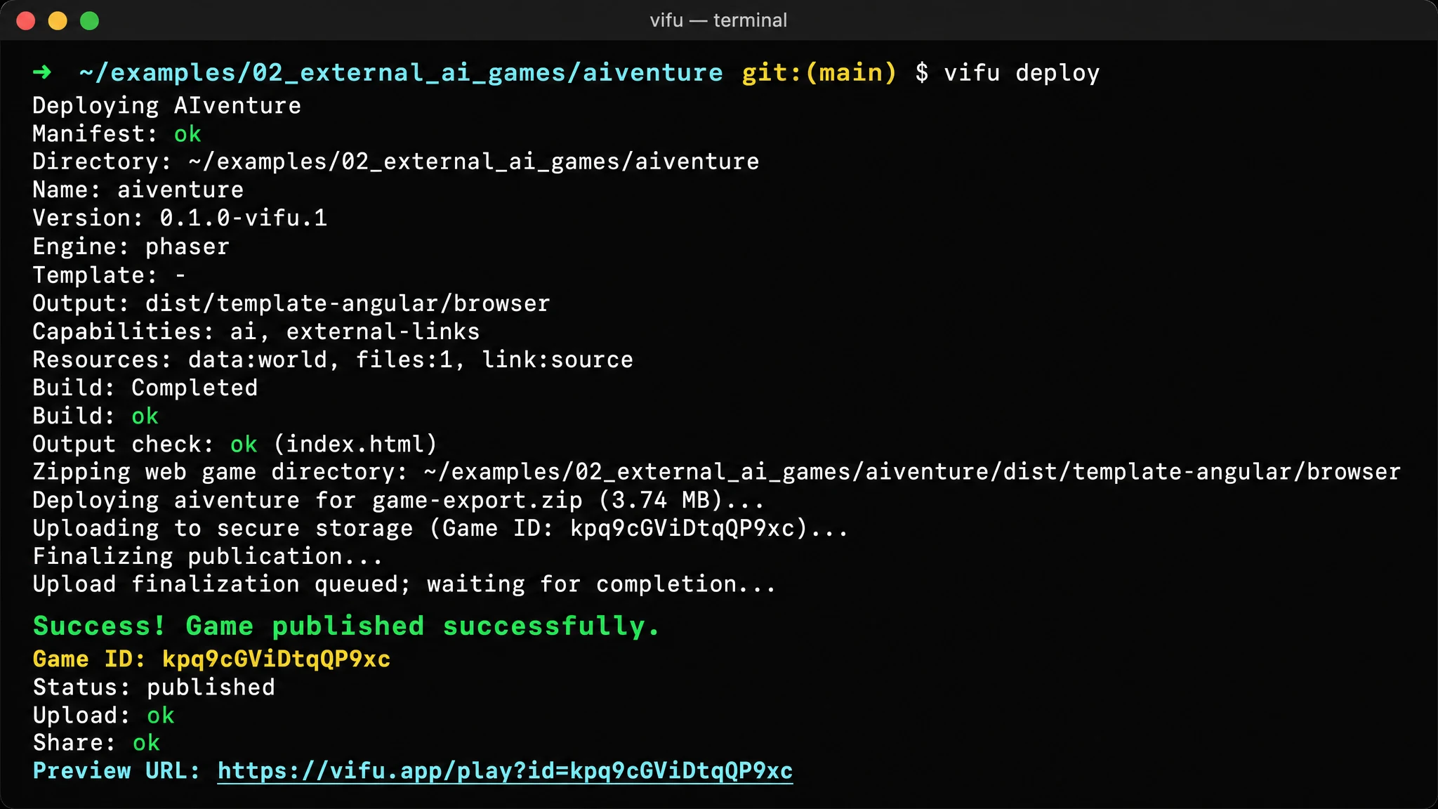 Vifu deploy terminal publishing AIventure successfully